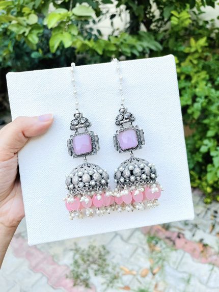 Jhumar brass jhumka pink