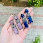 Long stone brass earrings