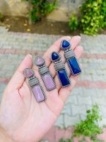 Long stone brass earrings