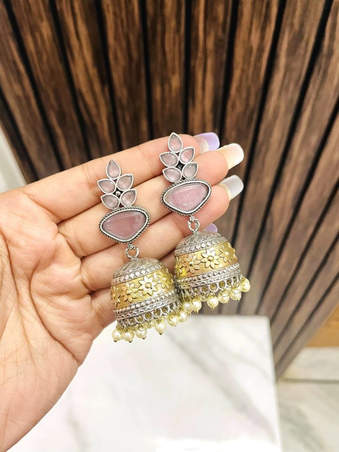 leaf dual tone brass jhumka Pink - Image 1