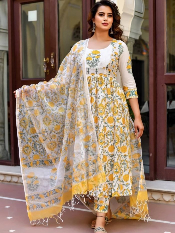 Yellow print suit set with dupatta - Image 1