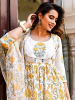 Yellow print suit set with dupatta - Image 2