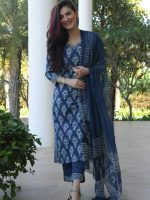 blue printed pant suit with dupatta