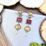 Dual tone bird brass Earrings Ruby