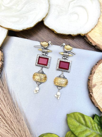 Dual tone bird brass Earrings Ruby