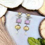 Dual tone bird brass Earrings pink