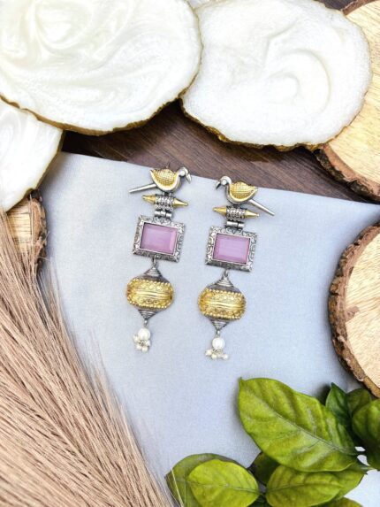 Dual tone bird brass Earrings pink