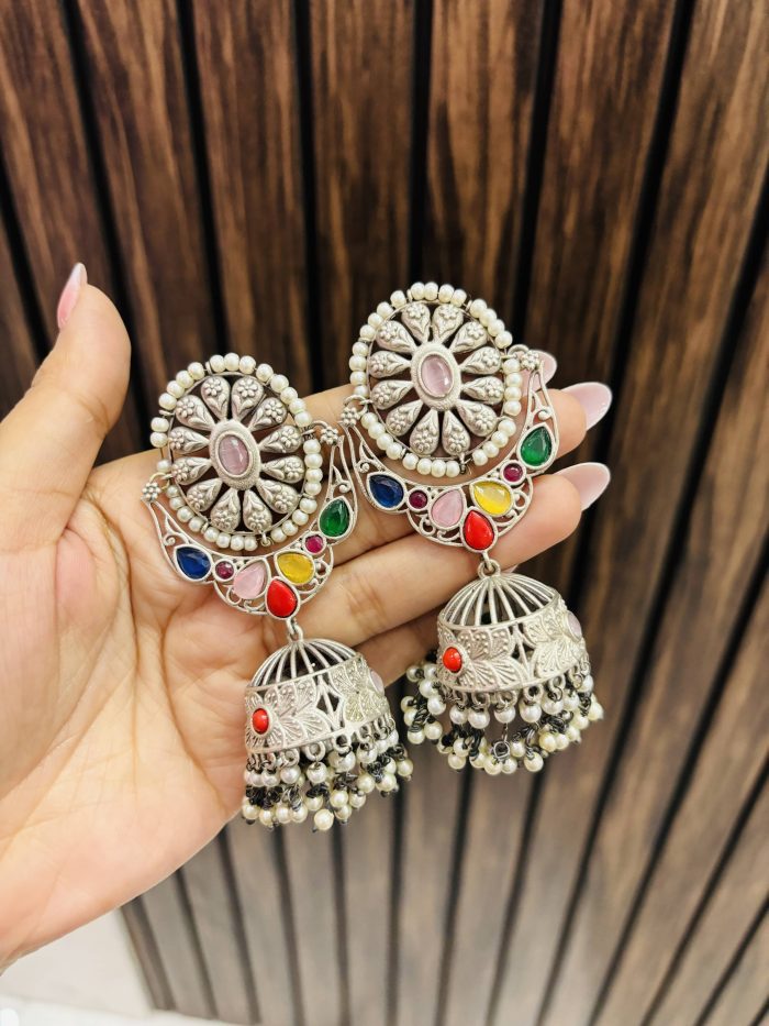 Multi Oval brass jhumka - Image 1