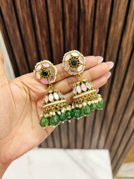 Flower mirror jhumka green