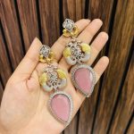 Drop leaf brass earrings pink