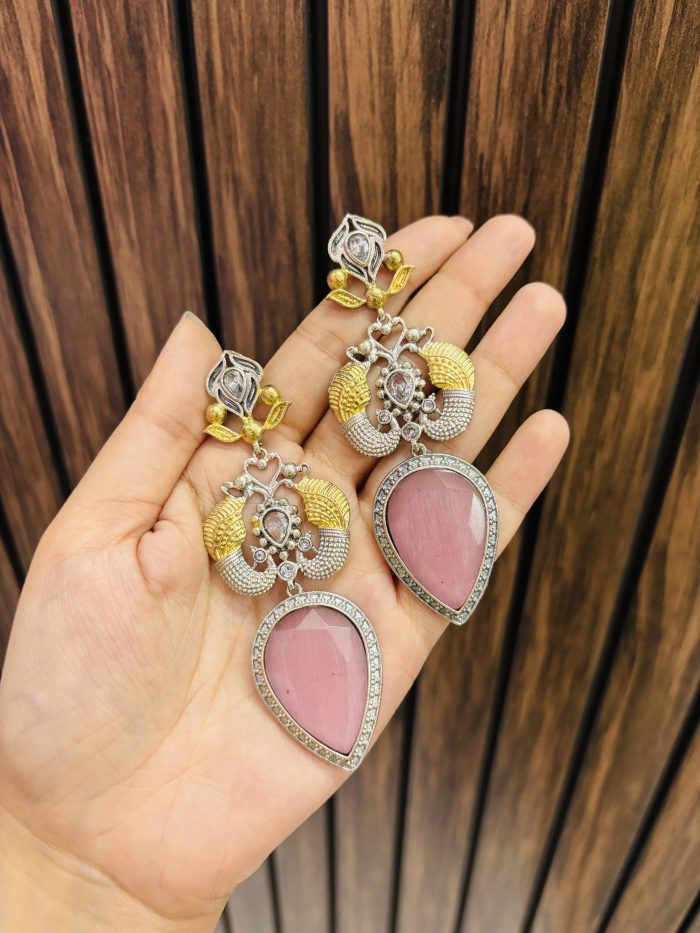 Drop leaf brass earrings pink - Image 1