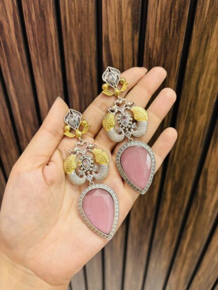 Drop leaf brass earrings pink