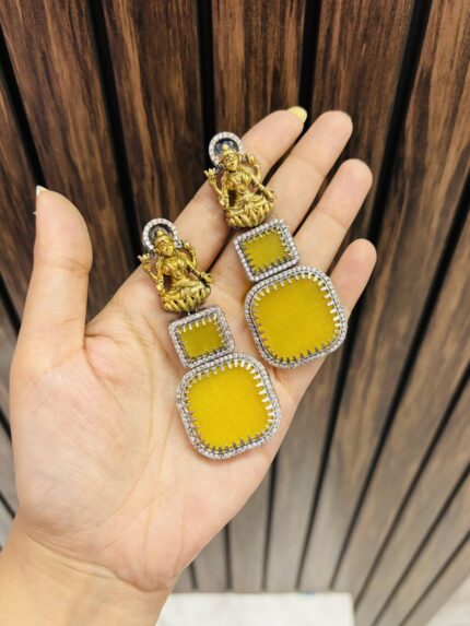 Lakshmi brass Ad big stone earring Yellow