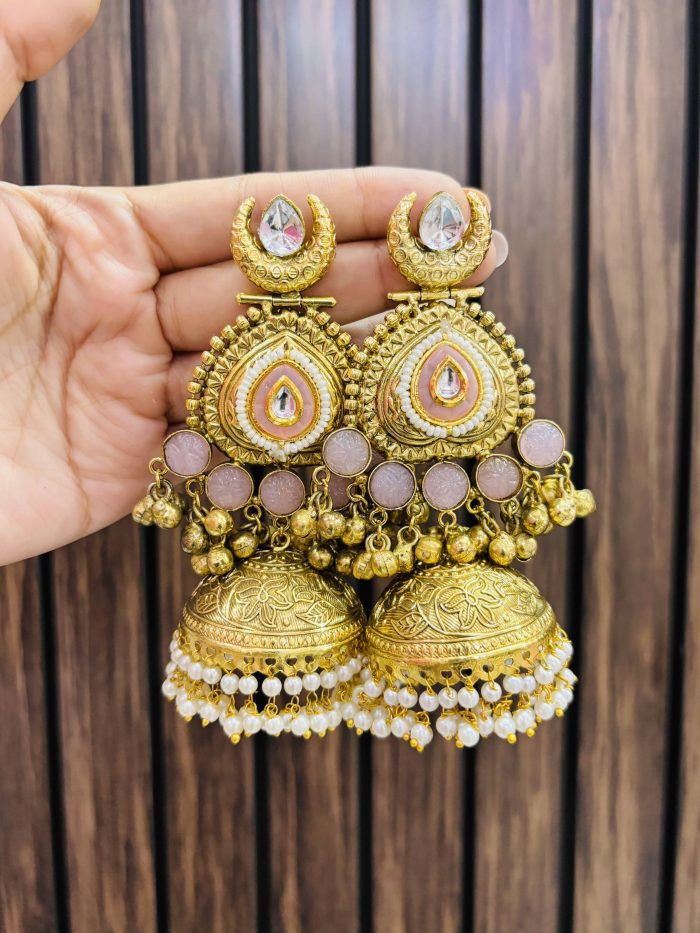 Manisha brass earrings Gold pink - Image 1