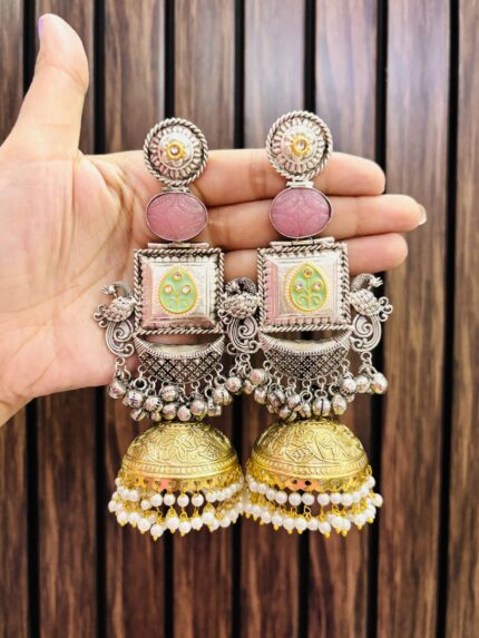Madhubala brass jhumka Pink