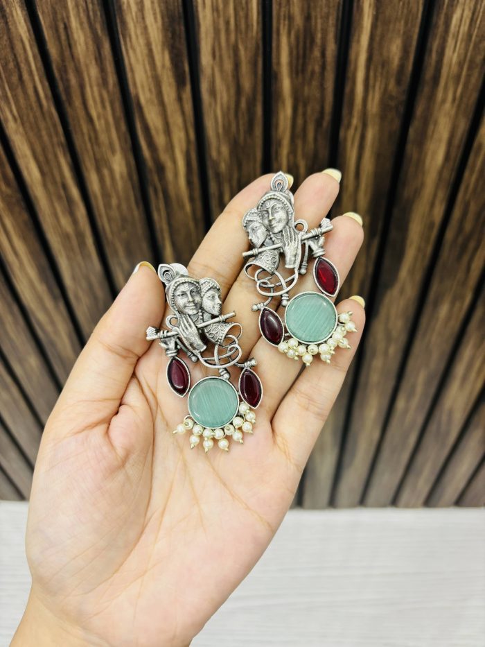 Radha Krishna Brass Earrings Mint/Ruby - Image 1