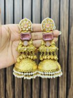 Saru golden brass earrings pink - Image 2