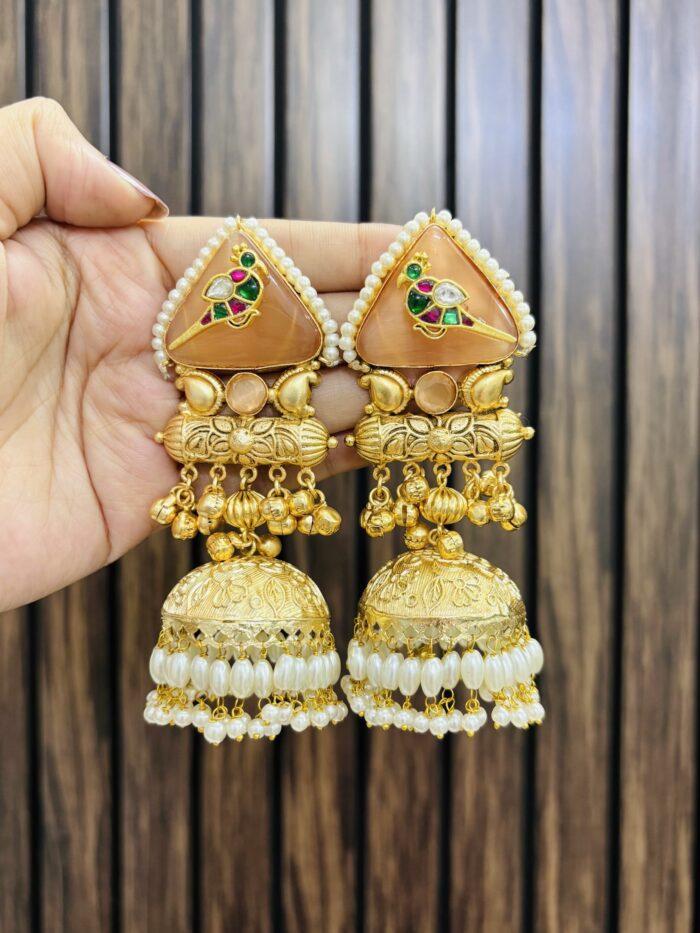 Bird brass jhumka peach - Image 1