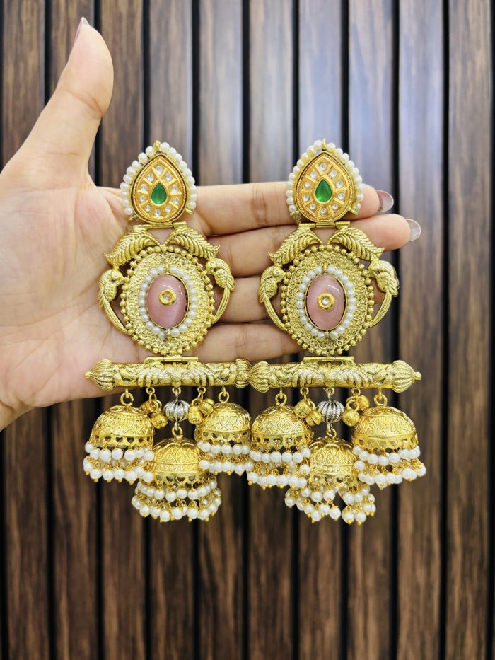 Kinshuk golden brass earrings pink - Image 1