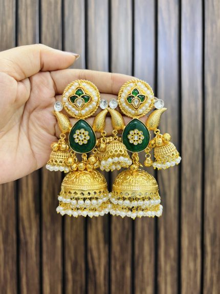 Three jhumki leaf brass earrings Green