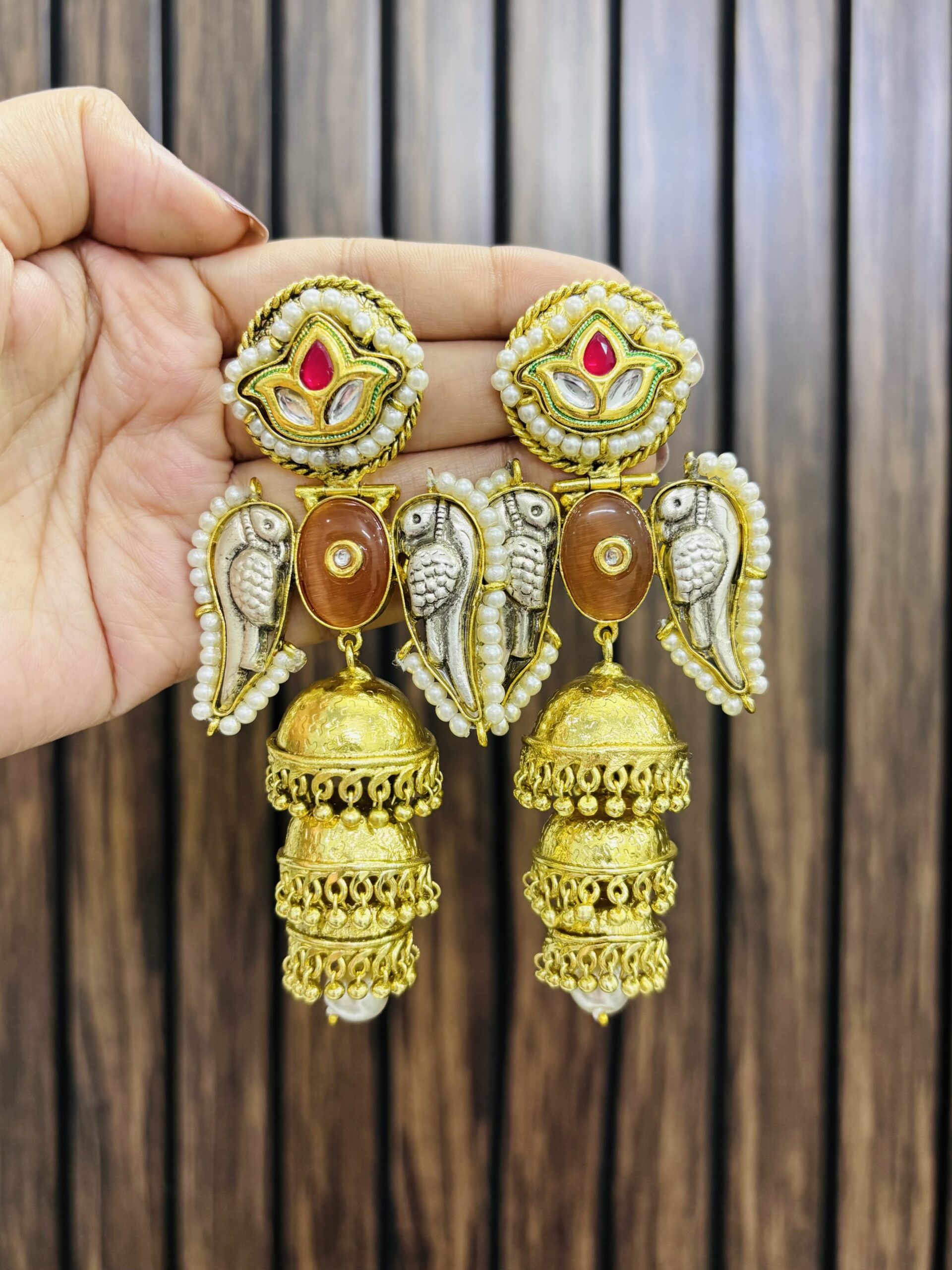 3A3FA316-487C-44EB-812A-B6CDCB1D5A45-compressed Three jhumki brass earring coral - Image 1