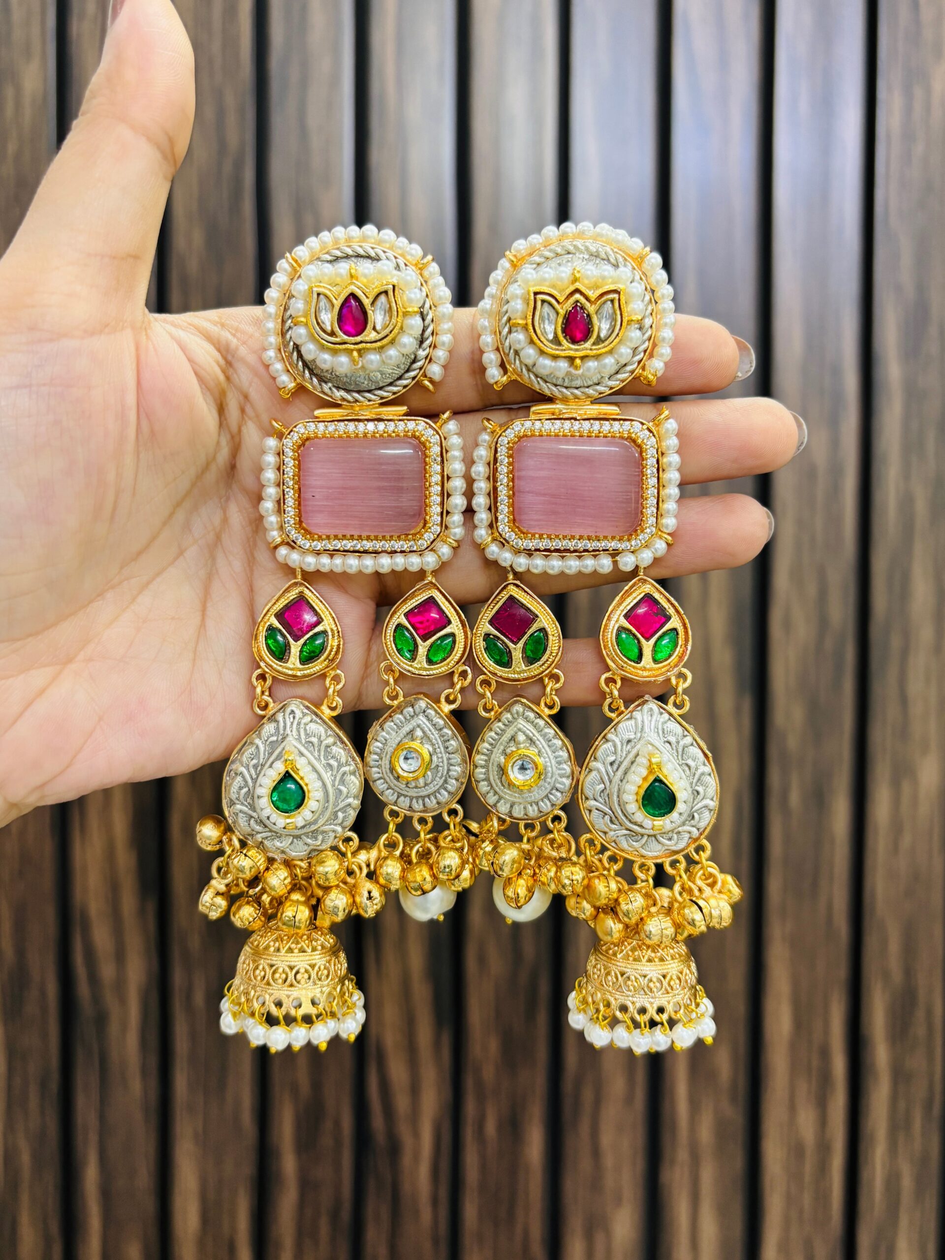 4392980D-0CBC-4938-9FC9-EF4194FCFA53 Two jhumki brass earring pink - Image 1
