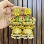 Two bird brass earrings green