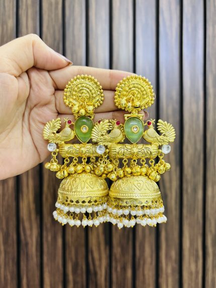 Two bird brass earrings green
