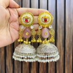 Two leaf brass jhumka pink