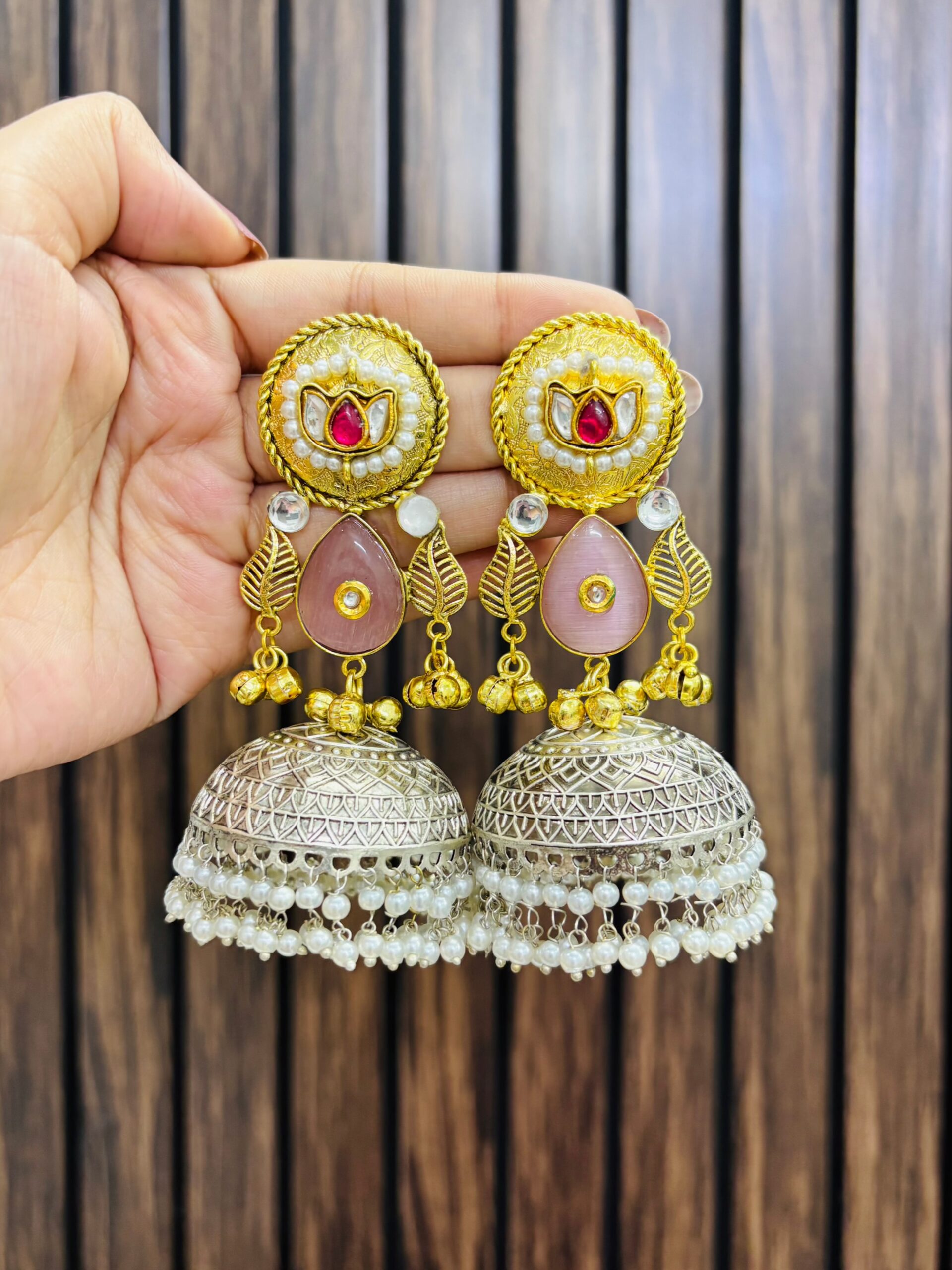 628B344D-5DE0-424E-B65E-4B9A22E58DE2-compressed Two leaf brass jhumka pink - Image 1