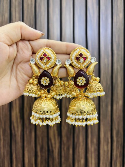 Three jhumki leaf brass earrings ruby