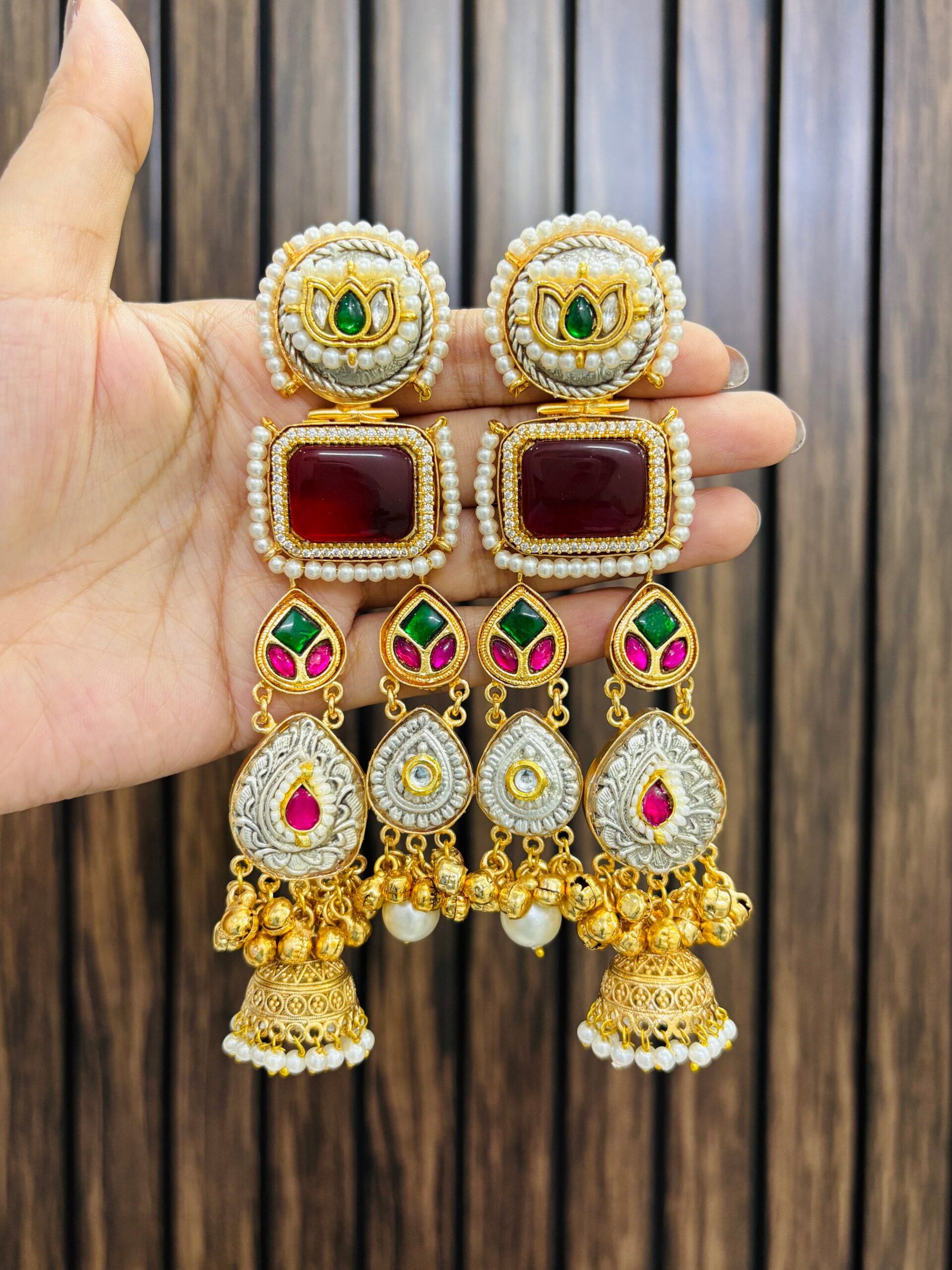 B6873E9B-D498-4E1A-8A6B-A2E24CC8648B Two jhumki brass earring ruby - Image 1
