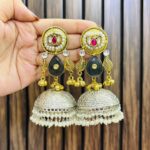 Two leaf brass jhumka blue