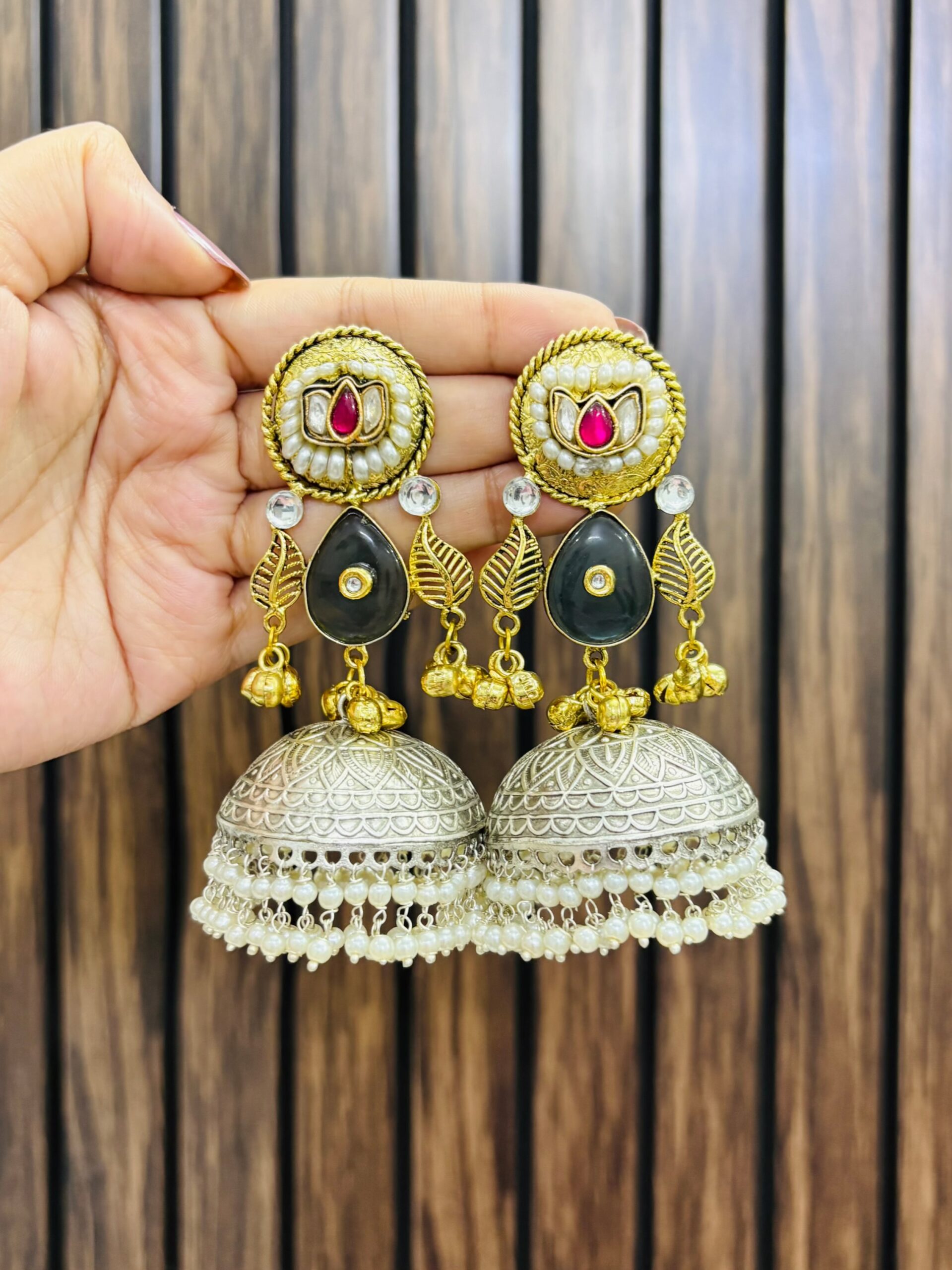 D0854722-0AB2-4CEE-AF07-7D72A5D12531-compressed Two leaf brass jhumka blue - Image 1