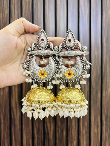 Dual tone brass flower jhumka