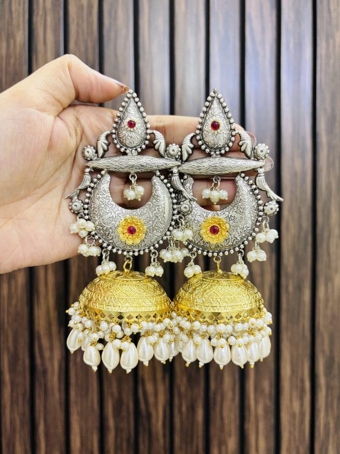 Dual tone brass flower jhumka - Image 1