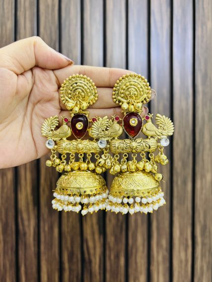 Two bird brass earrings ruby