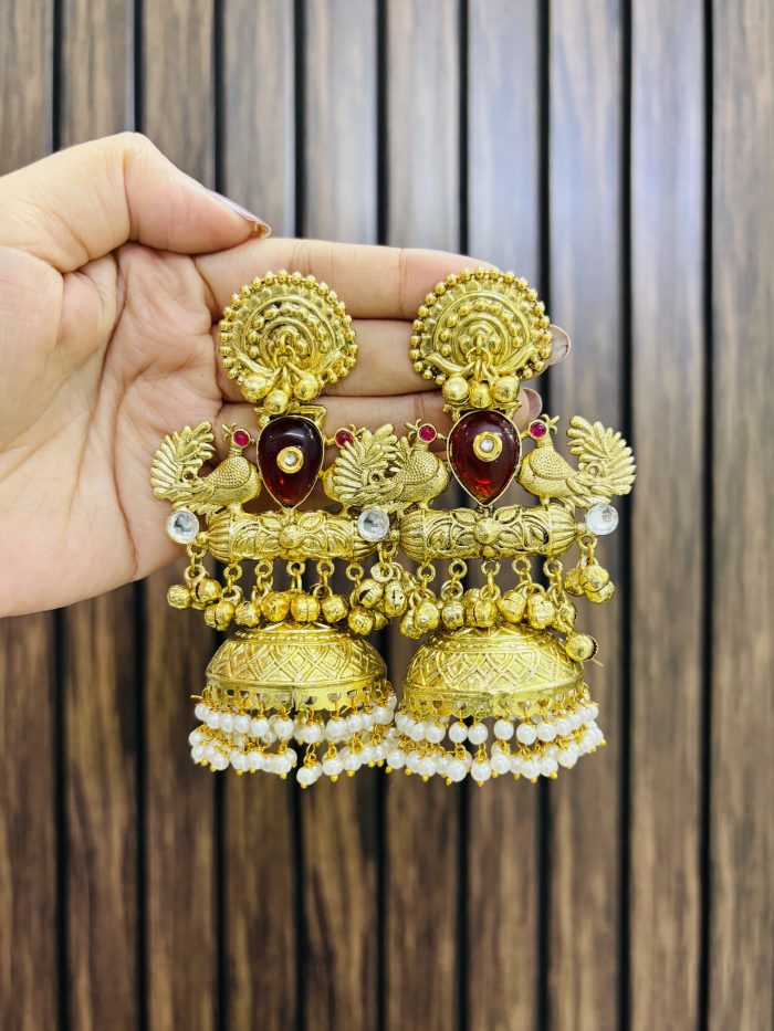 Two bird brass earrings ruby - Image 1