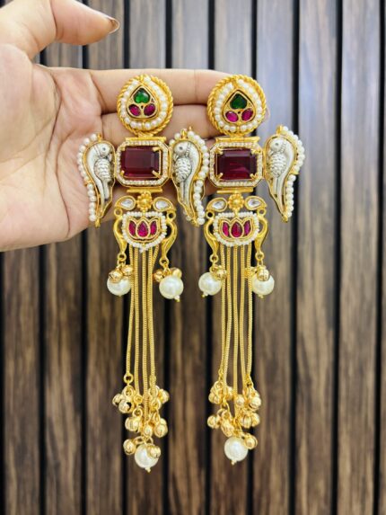 Nirali bird brass earring ruby