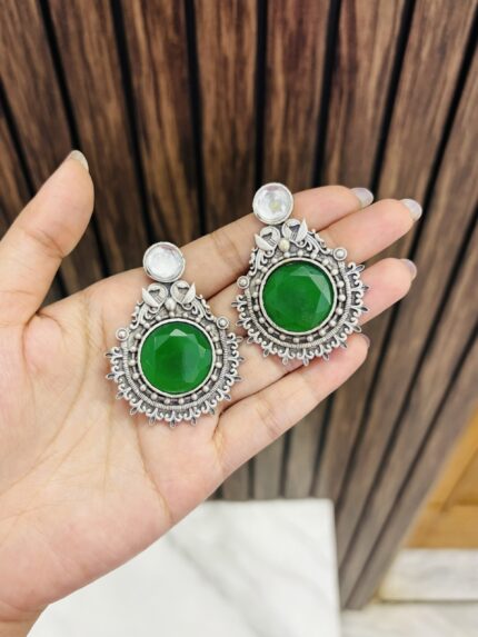 circle brass earrings green