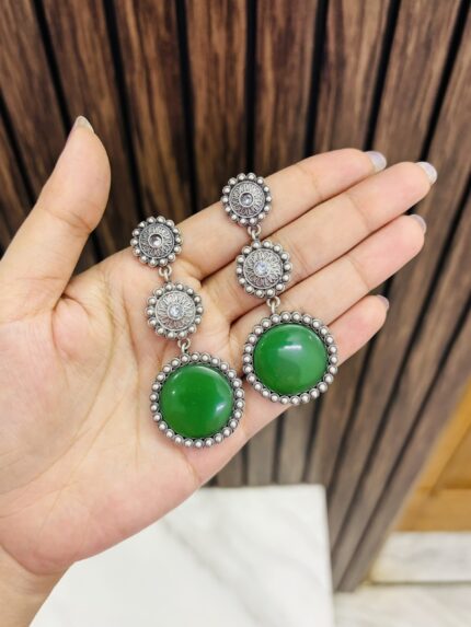 Three circle brass earrings green