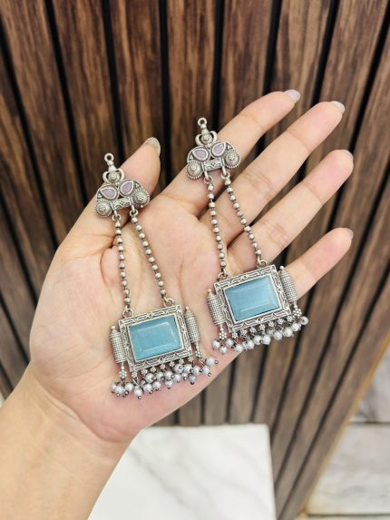 Square brass earrings blue