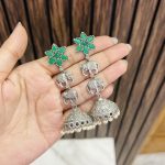 Two elephant brass jhumka green