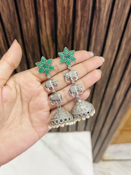 Two elephant brass jhumka green