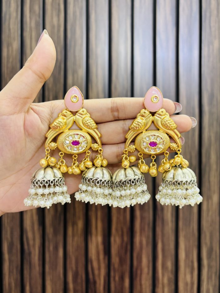 Sulakshna golden brass earrings pink - Image 1