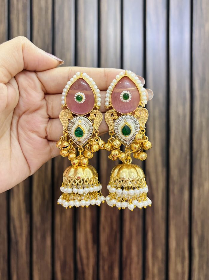 Cute brass Jhumka Pink - Image 1
