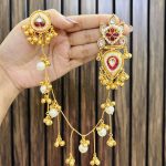Flower brass earrings with attach chain ruby