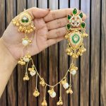 Flower brass earrings with attach chain green