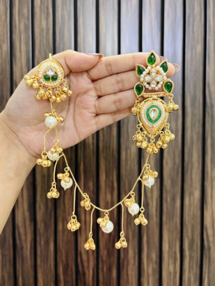 Flower brass earrings with attach chain green