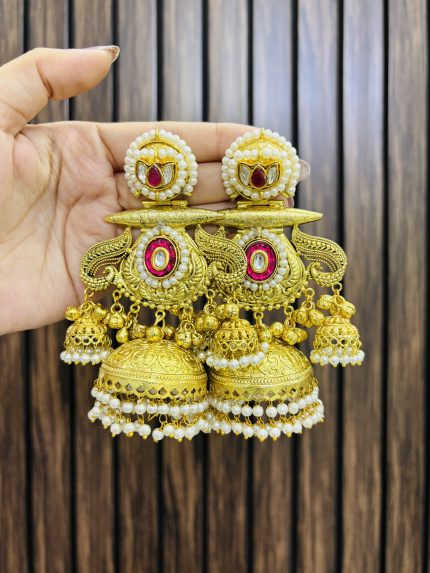 Shalini golden brass jhumka ruby